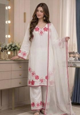 White Embroidered Satin Kurta Set