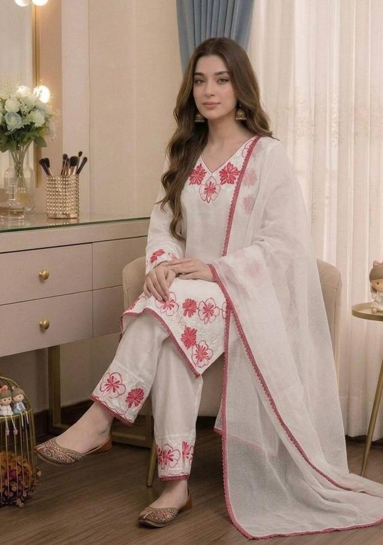 White Embroidered Satin Kurta Set - Indya