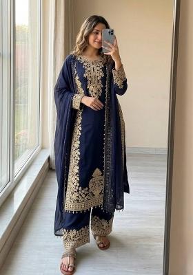 Blue Embroidered Georgette Sharara Set