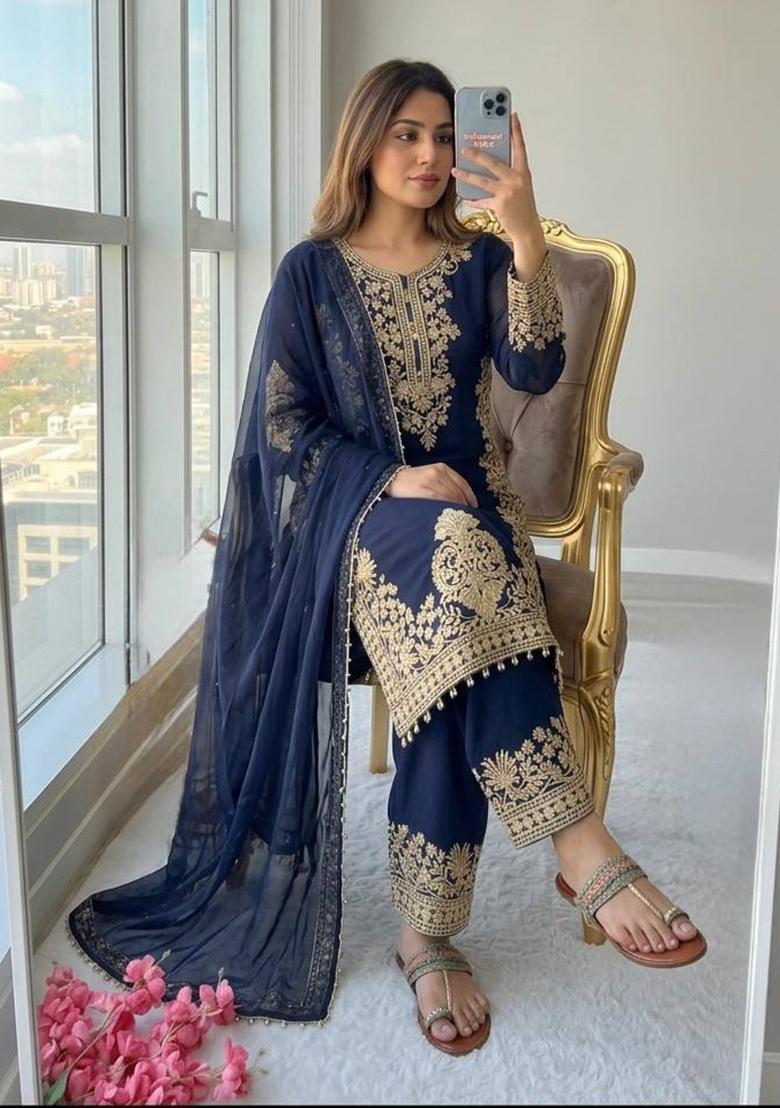 Blue Embroidered Georgette Sharara Set - Indya