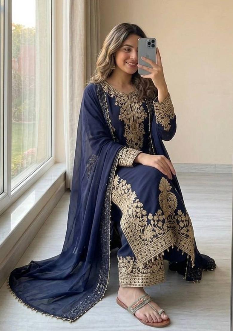 Blue Embroidered Georgette Sharara Set - Indya
