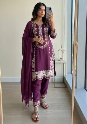Purple Embroidered Satin Sharara Set