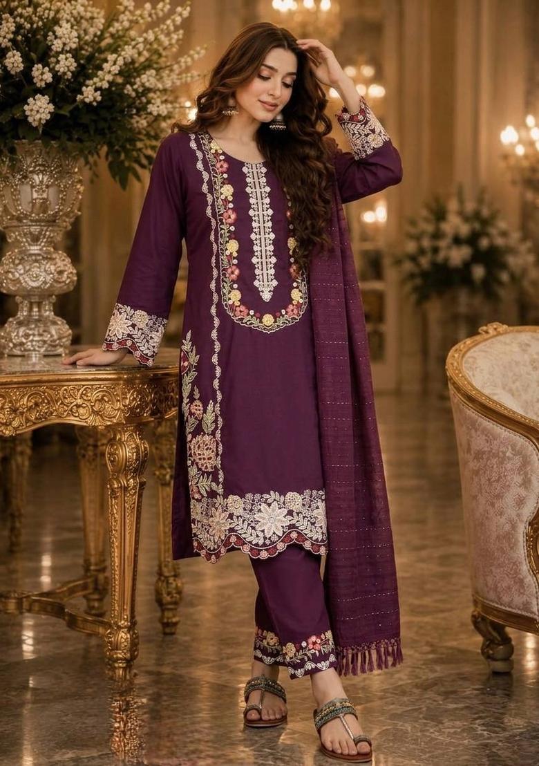 Purple Embroidered Satin Sharara Set - Indya