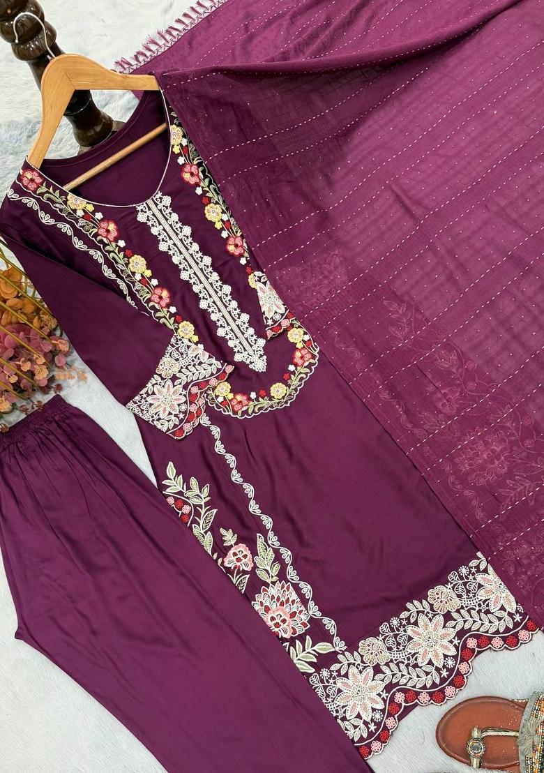 Purple Embroidered Satin Sharara Set - Indya