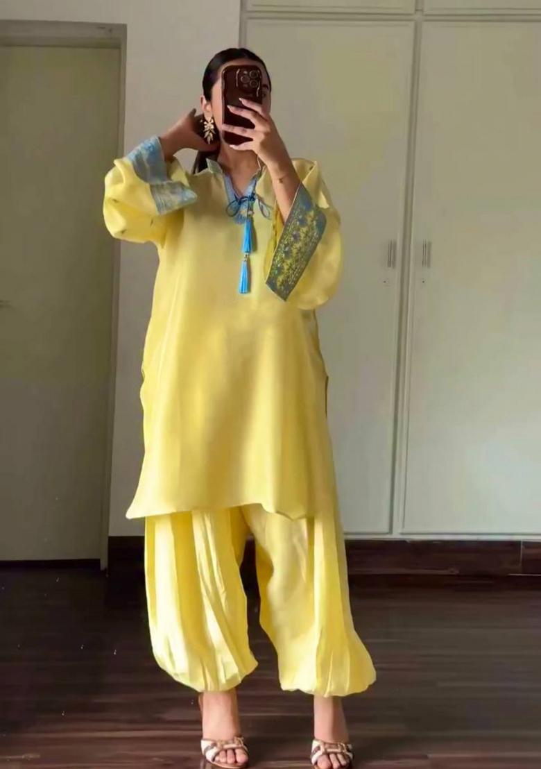 Yellow Embroidered Crepe Sharara Set - Indya
