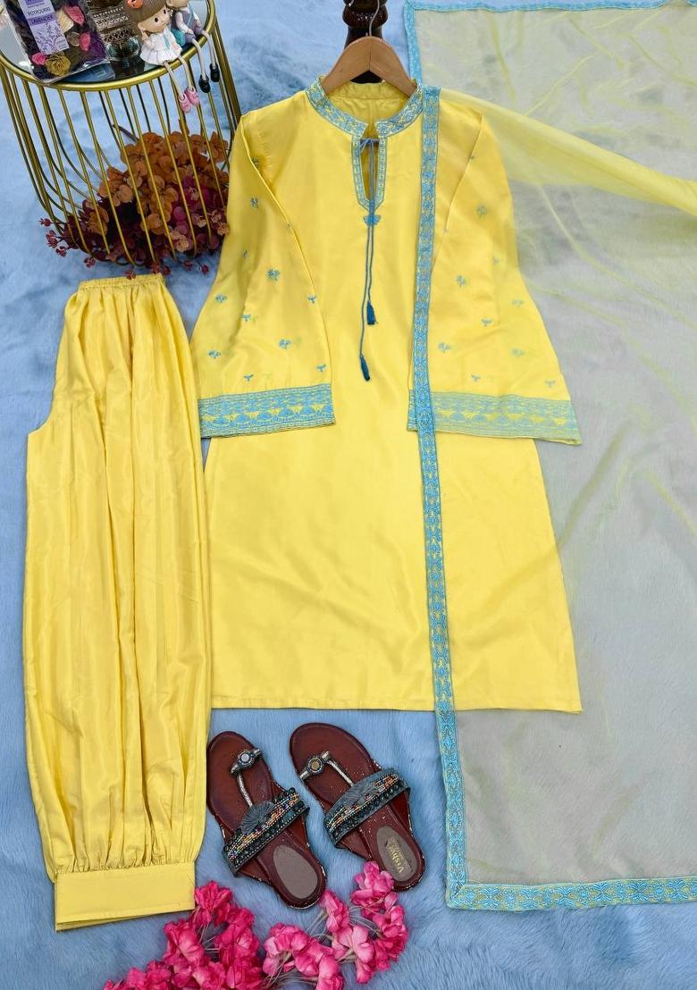 Yellow Embroidered Crepe Sharara Set - Indya