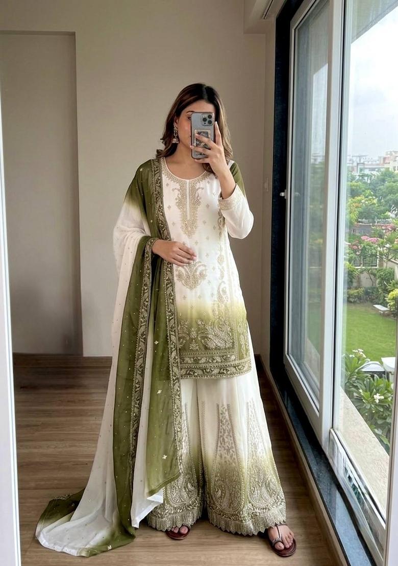Green Embroidered Georgette Sharara Set - Indya