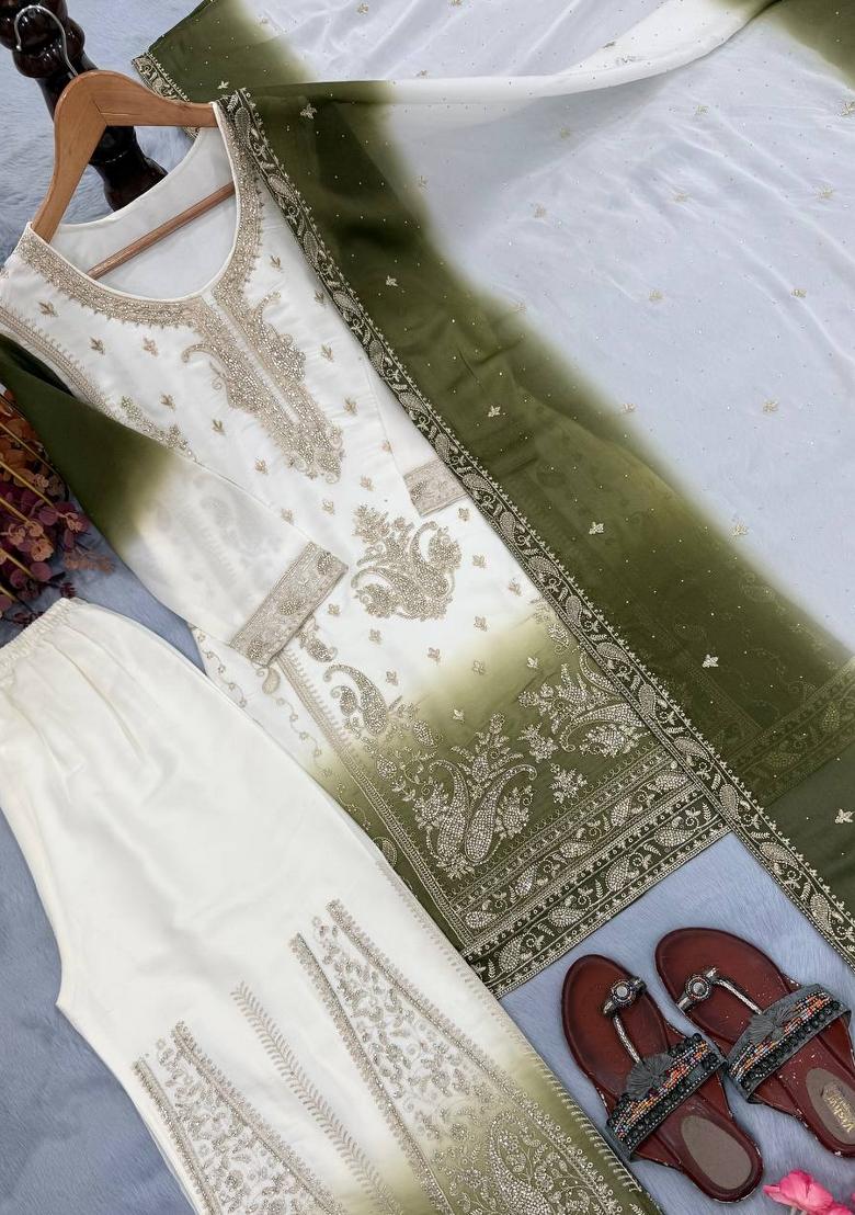 Green Embroidered Georgette Sharara Set - Indya