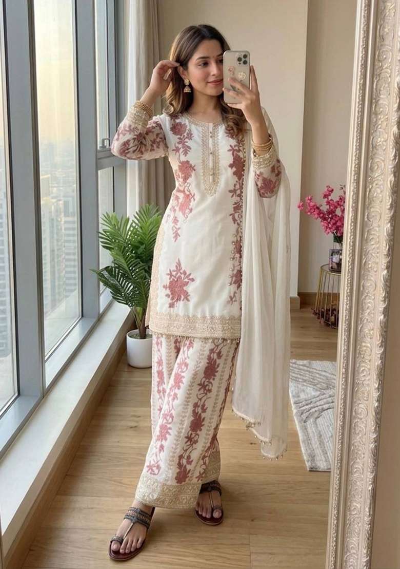 White Embroidered Georgette Sharara Set - Indya