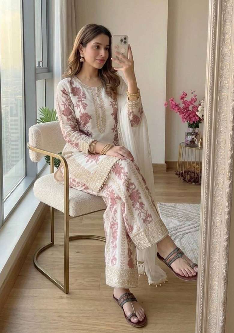 White Embroidered Georgette Sharara Set - Indya