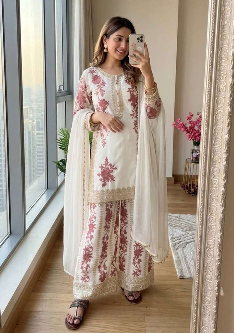 White Embroidered Georgette Sharara Set - Indya