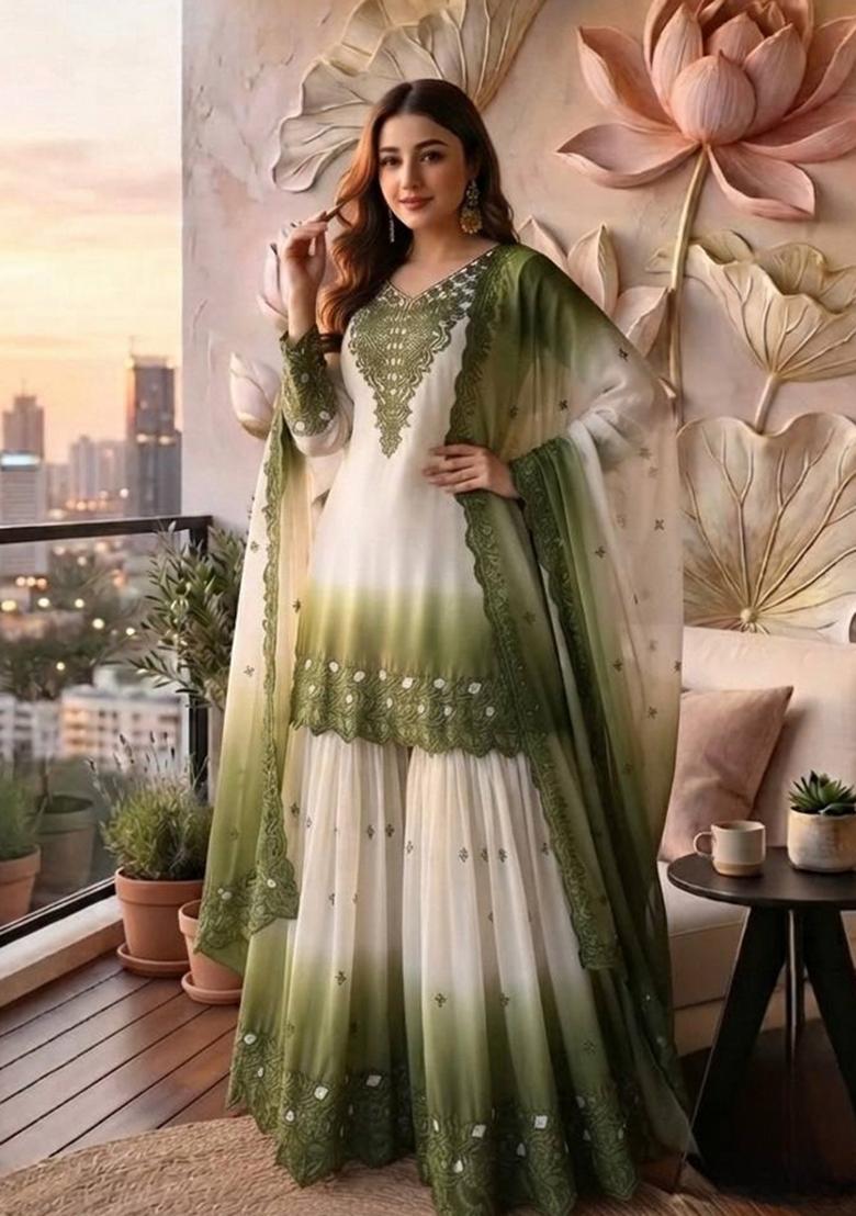 Green Embroidered Georgette Kurta Set For Boys - Indya