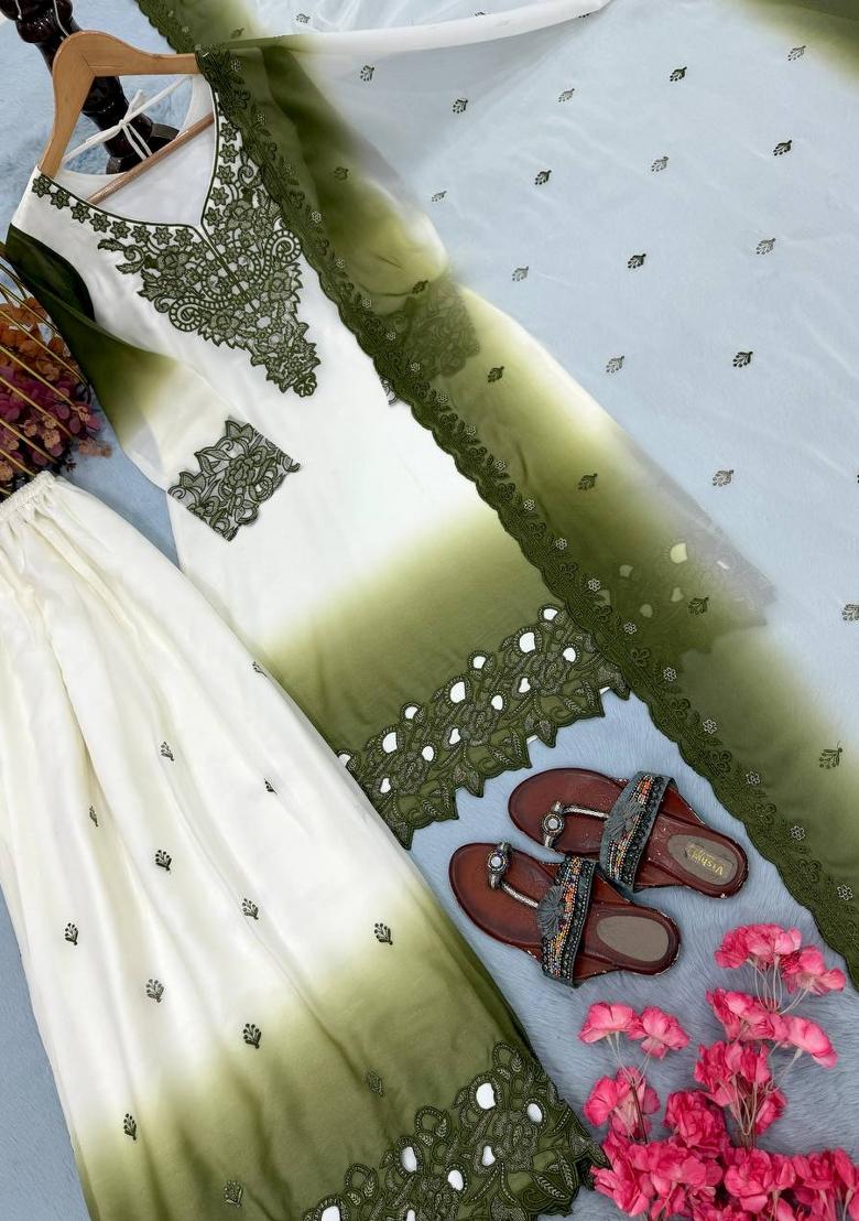Green Embroidered Georgette Kurta Set For Boys - Indya
