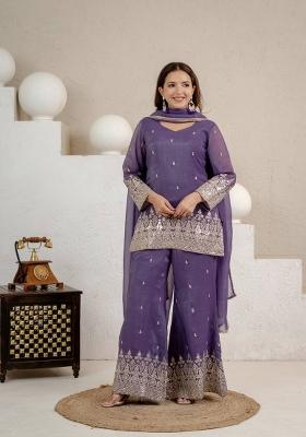 Purple Embroidered Silk Sharara Set