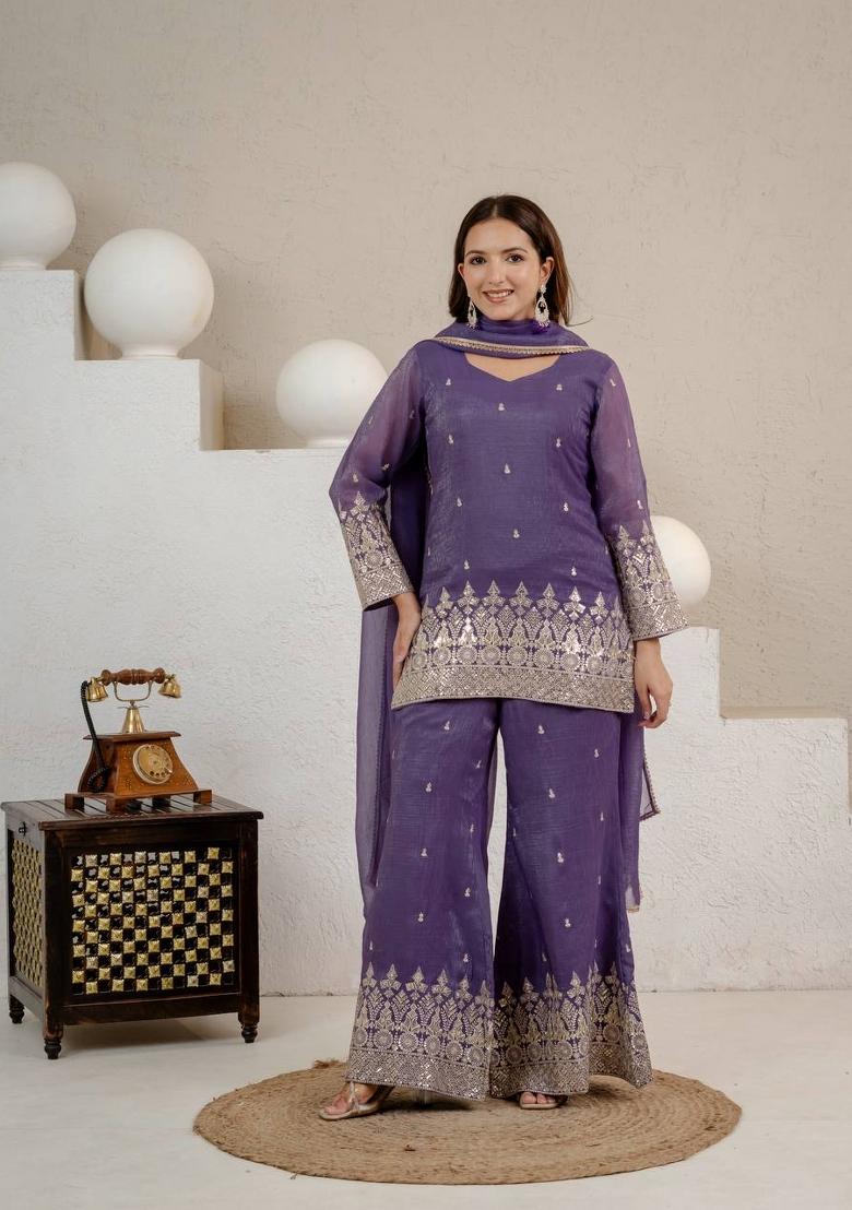 Purple Embroidered Silk Sharara Set - Indya