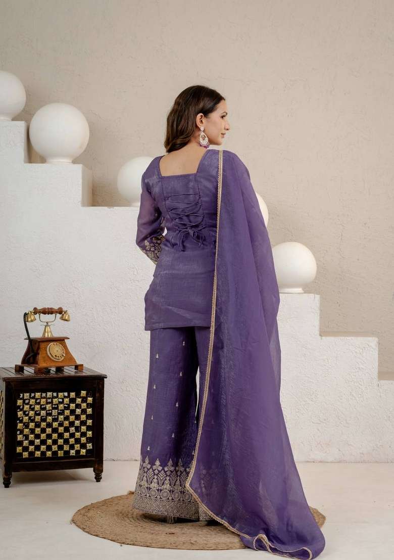 Purple Embroidered Silk Sharara Set - Indya