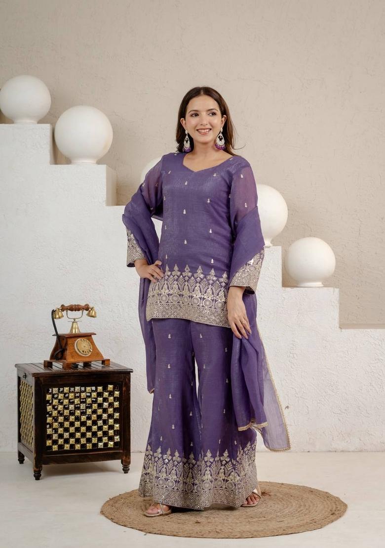 Purple Embroidered Silk Sharara Set - Indya