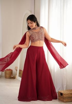Maroon Embroidery Silk Kurta Set