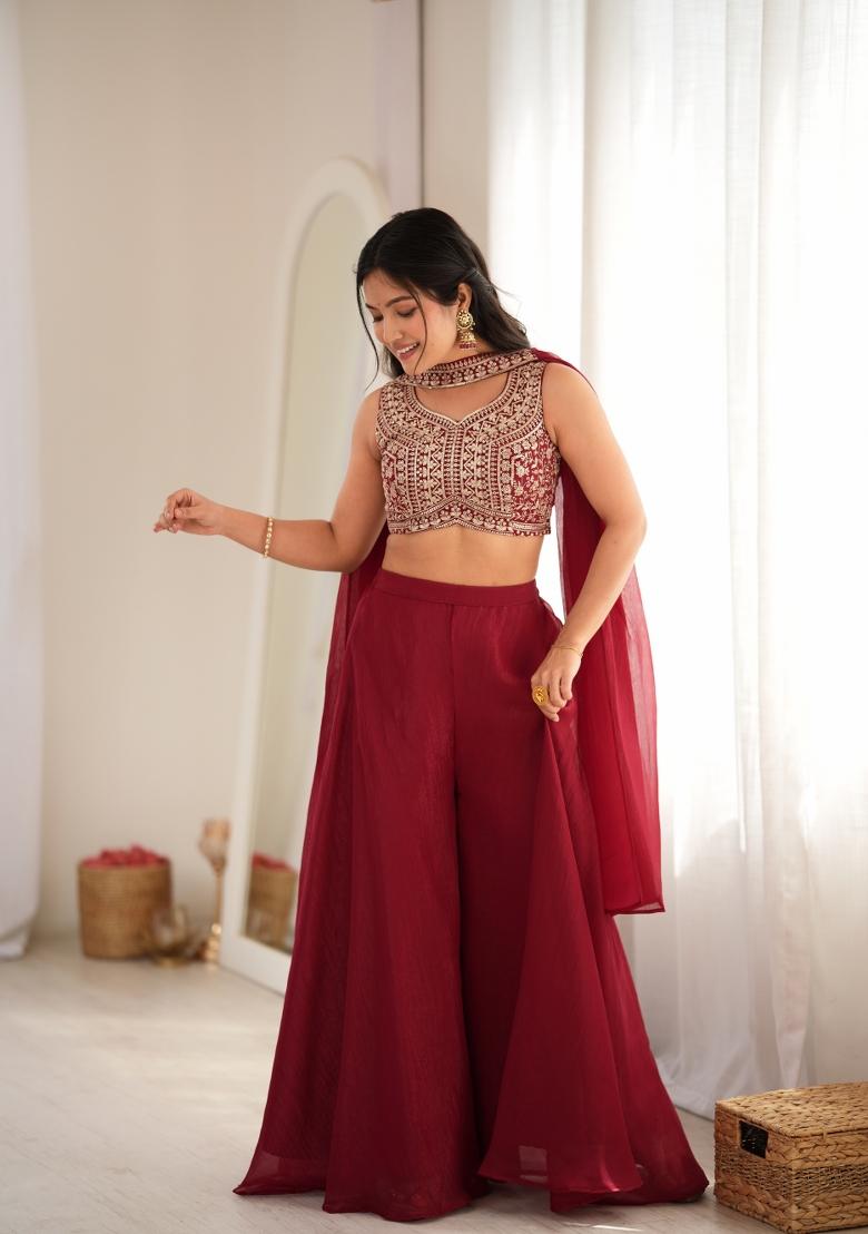 Maroon Embroidery Silk Kurta Set - Indya