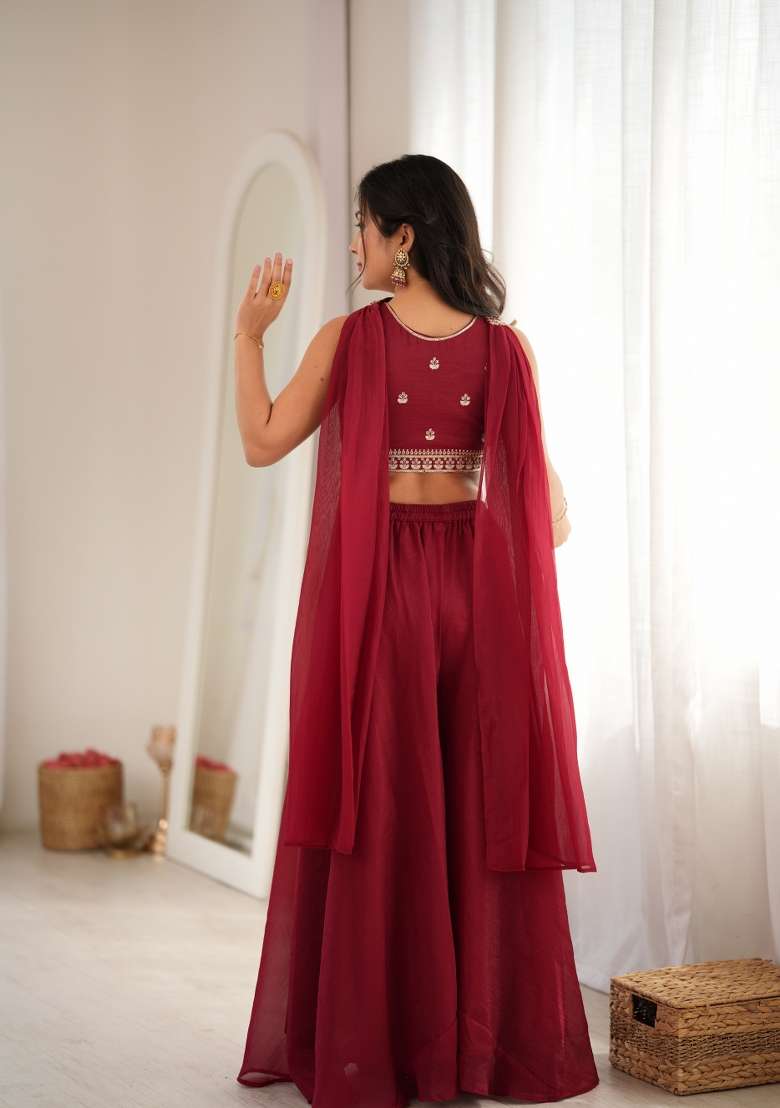 Maroon Embroidery Silk Kurta Set - Indya