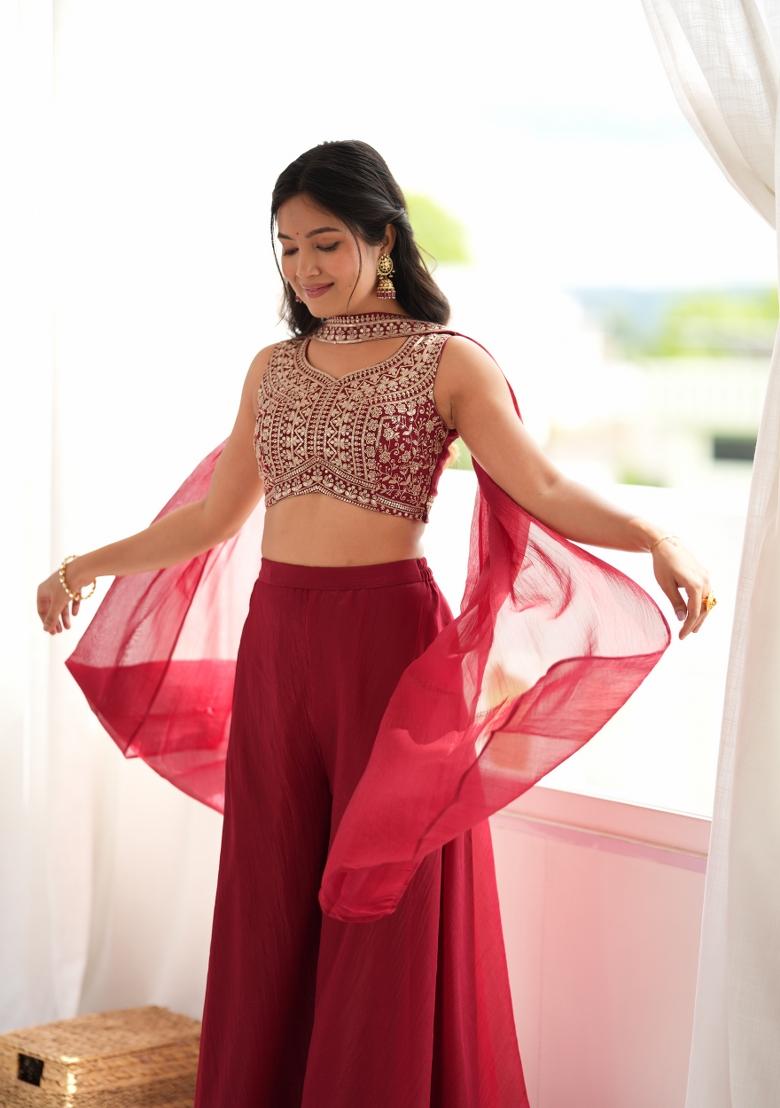 Maroon Embroidery Silk Kurta Set - Indya