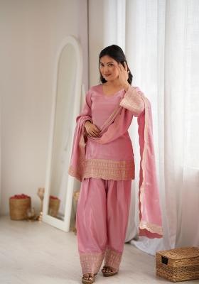 Pink Embroidery Silk Kurta Set