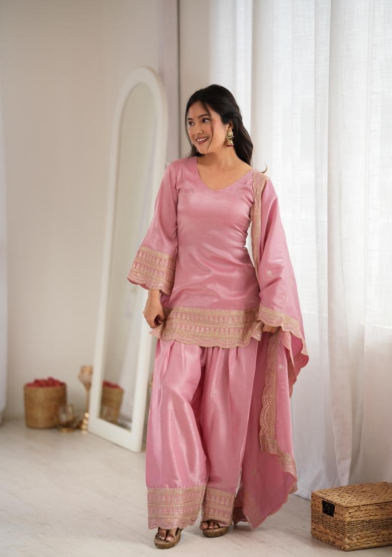Pink Embroidery Silk Kurta Set - Indya