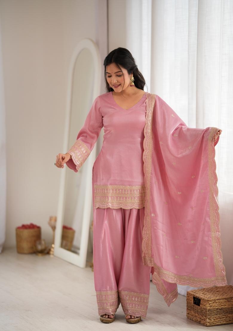 Pink Embroidery Silk Kurta Set - Indya