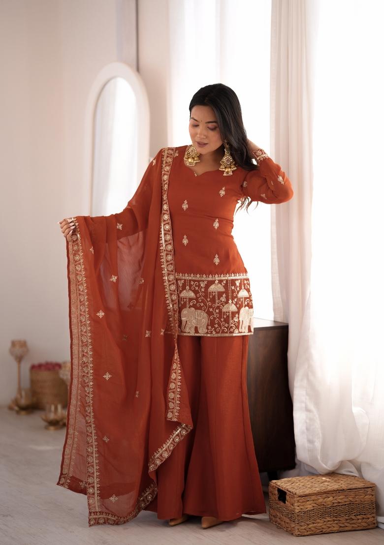 Rust Embroidery Silk Anarkali Set - Indya