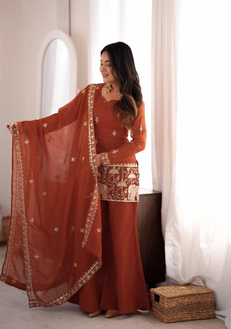 Rust Embroidery Silk Anarkali Set - Indya