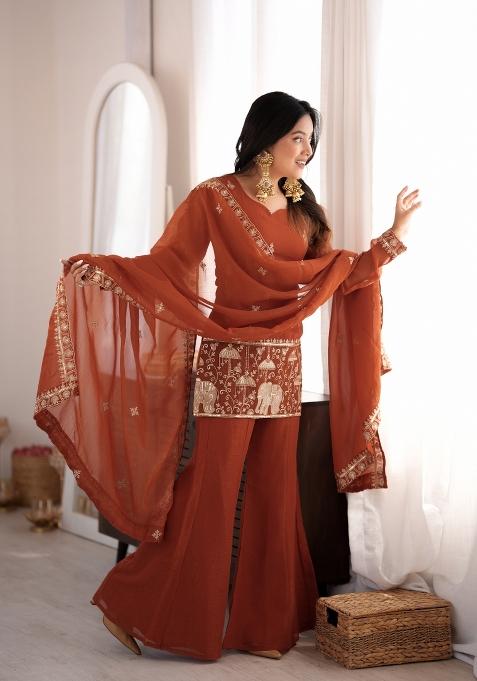 Rust Embroidery Silk Anarkali Set