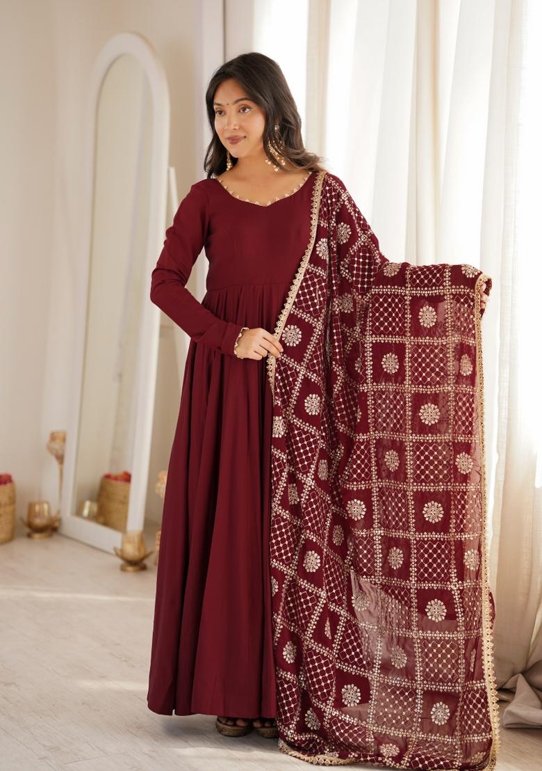 Maroon Embroidery Silk Anarkali Set - Indya