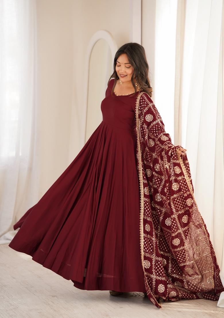 Maroon Embroidery Silk Anarkali Set - Indya