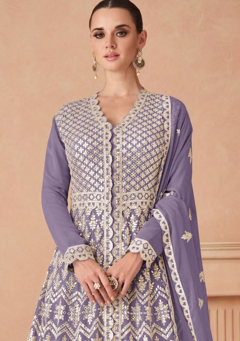 Purple Embroidery Georgette Kurta Set - Indya