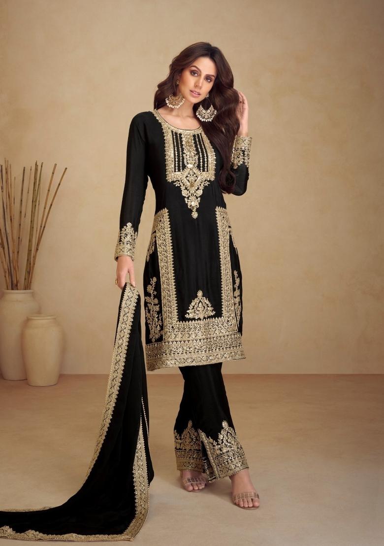 Black Embroidery Chinon Kurta Set - Indya