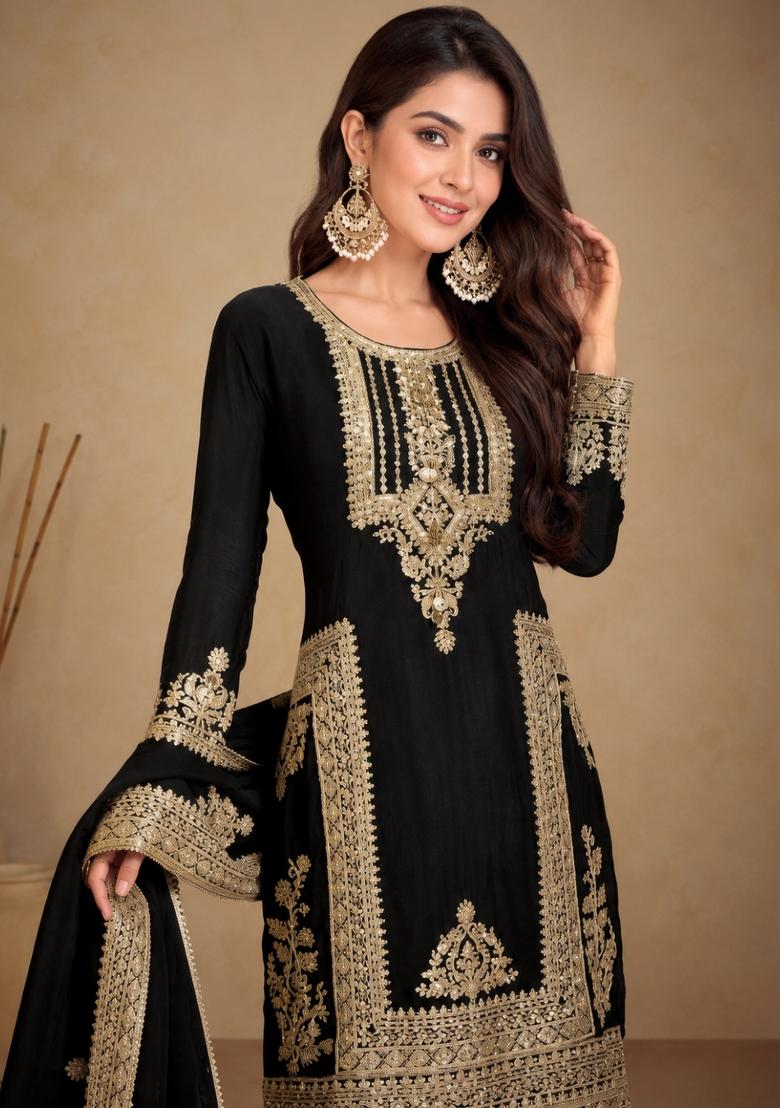 Black Embroidery Chinon Kurta Set - Indya