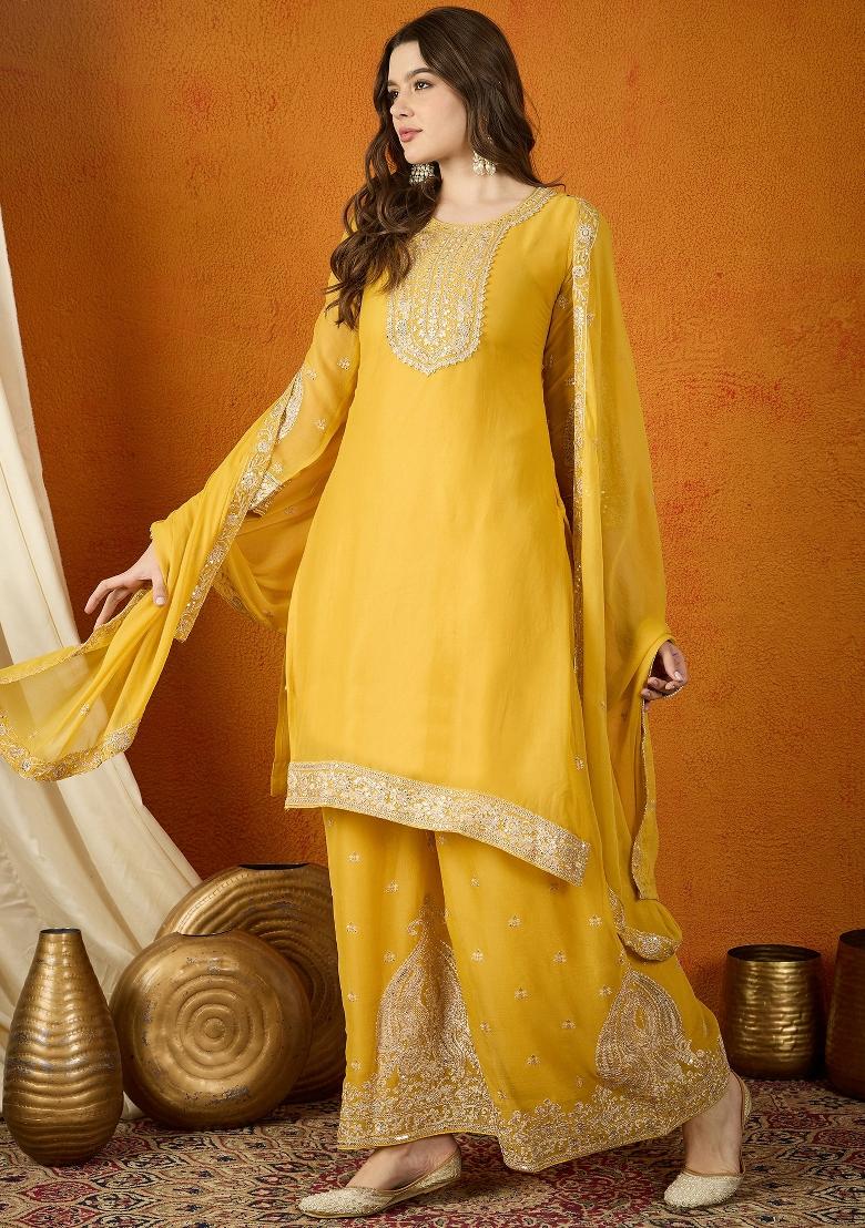 Yellow Embroidery Georgette Palazzo Set - Indya