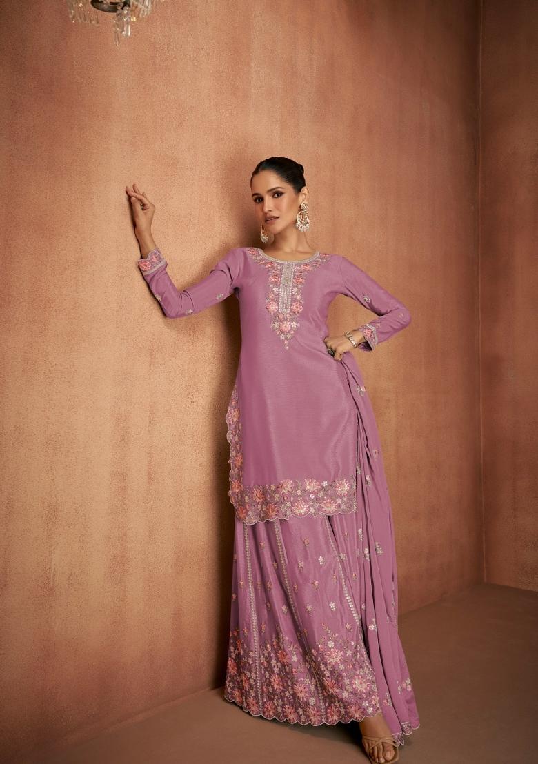 Light Pink Embroidery Chinon Palazzo Set - Indya