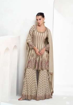 Light Grey Embroidery Chinon Palazzo Set