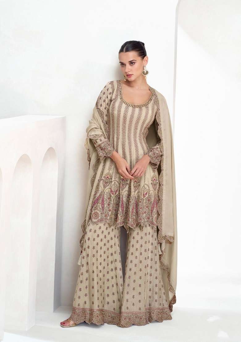 Light Grey Embroidery Chinon Palazzo Set - Indya