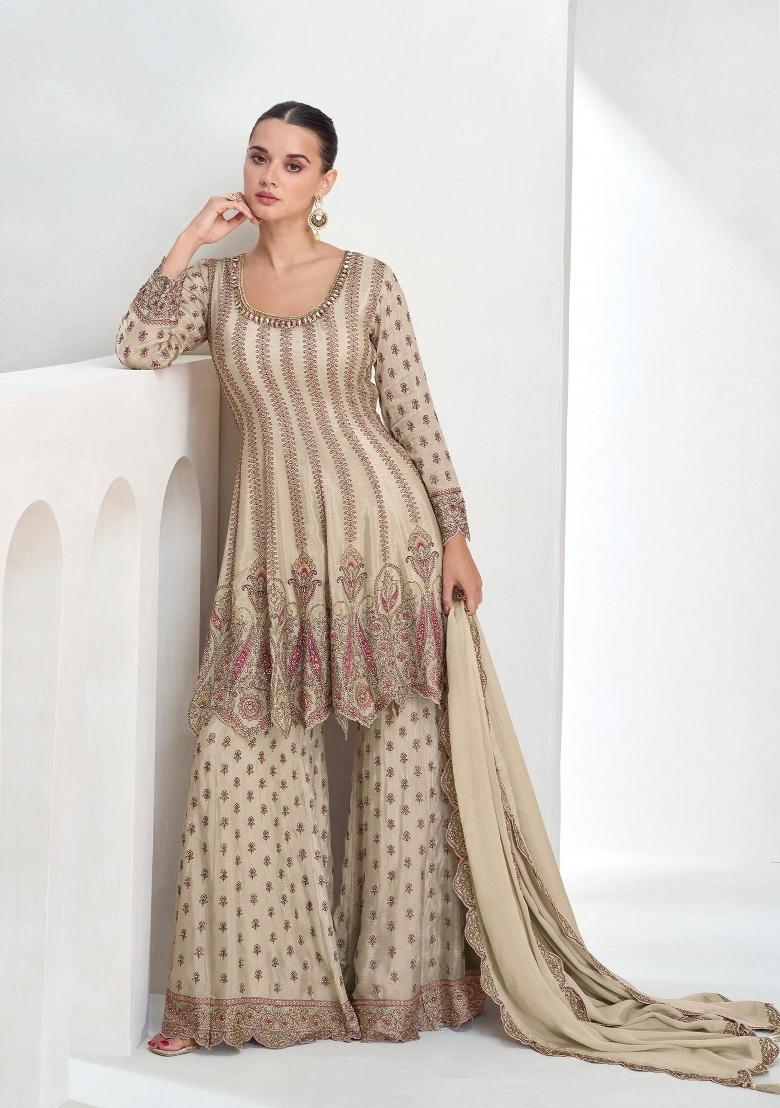 Light Grey Embroidery Chinon Palazzo Set - Indya