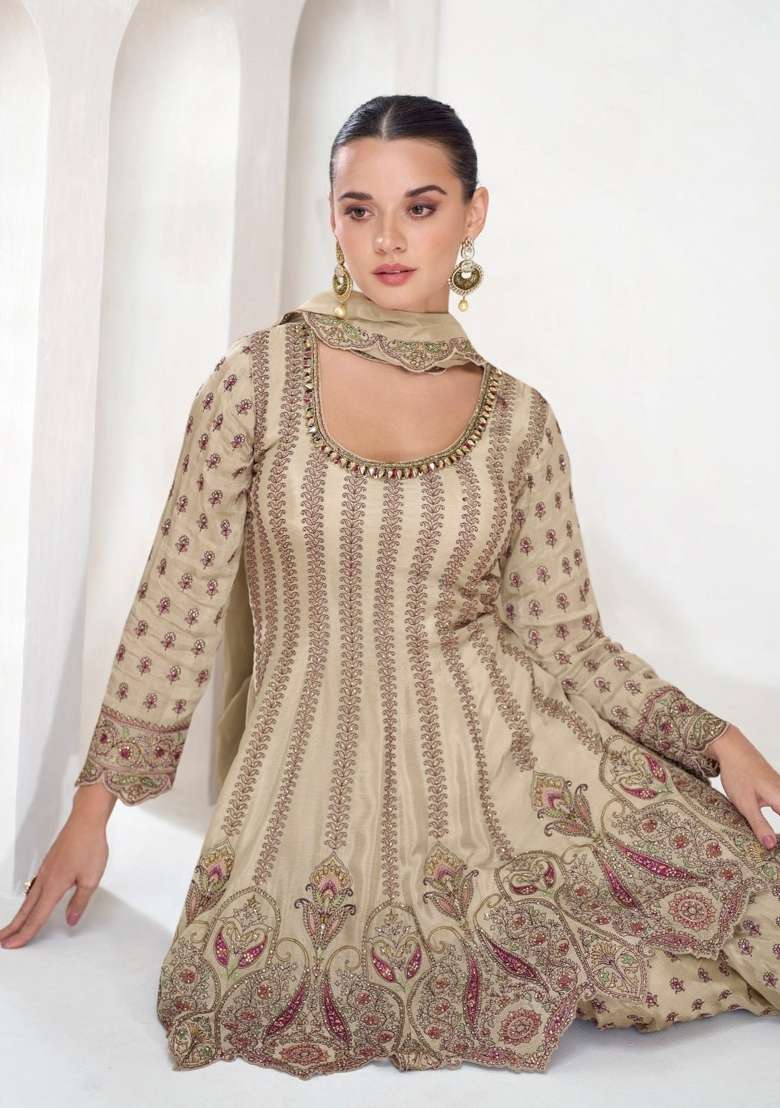 Light Grey Embroidery Chinon Palazzo Set - Indya