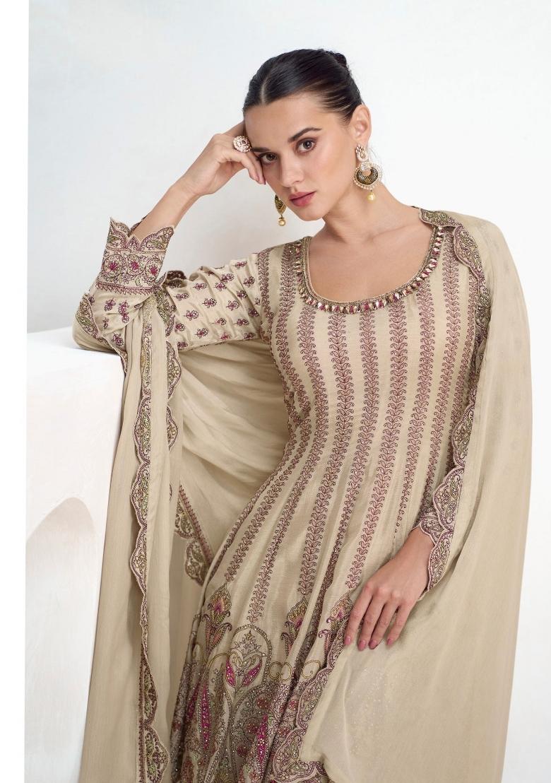 Light Grey Embroidery Chinon Palazzo Set - Indya