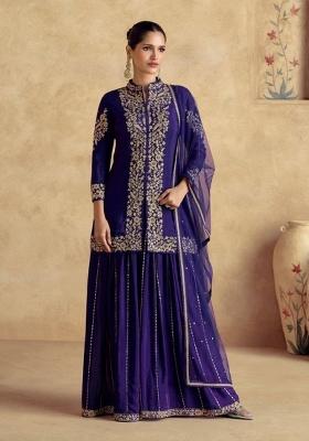 Blue Embroidery Chinon Palazzo Set