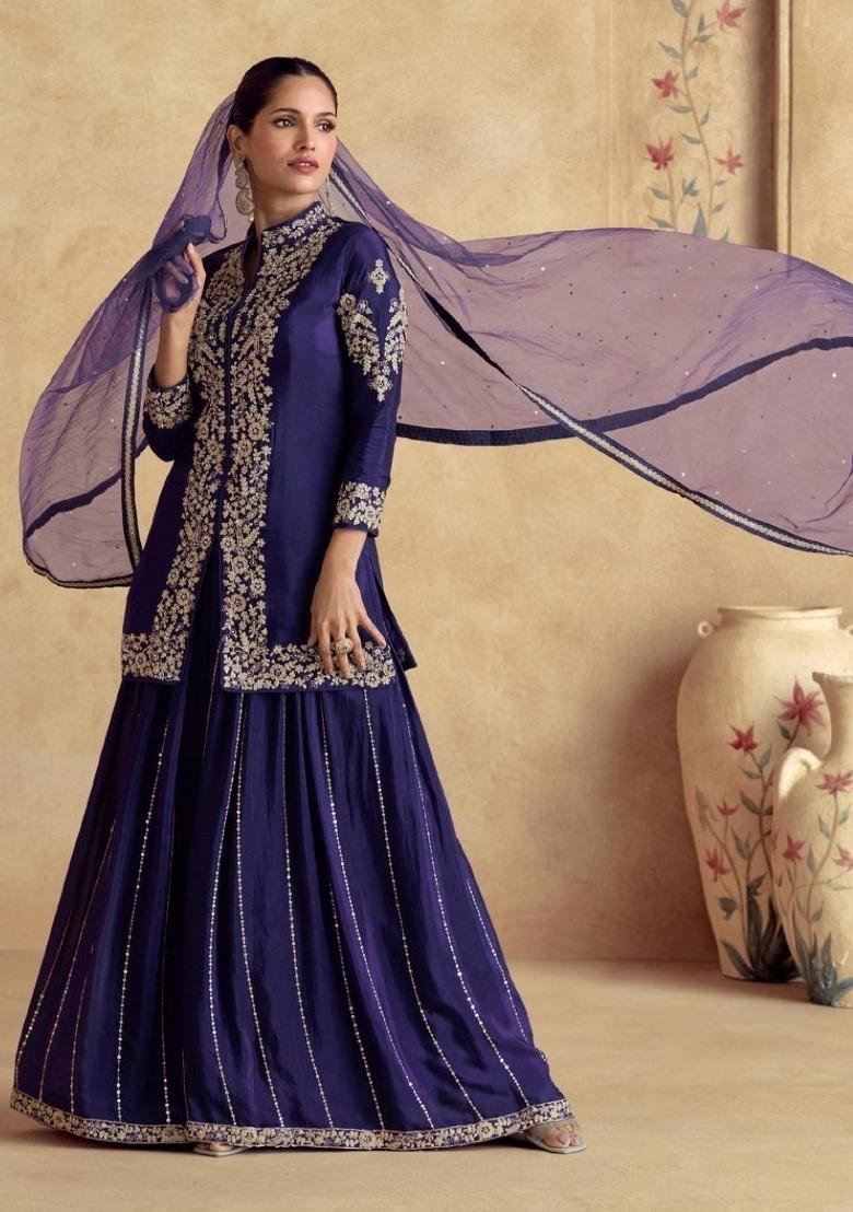Blue Embroidery Chinon Palazzo Set - Indya