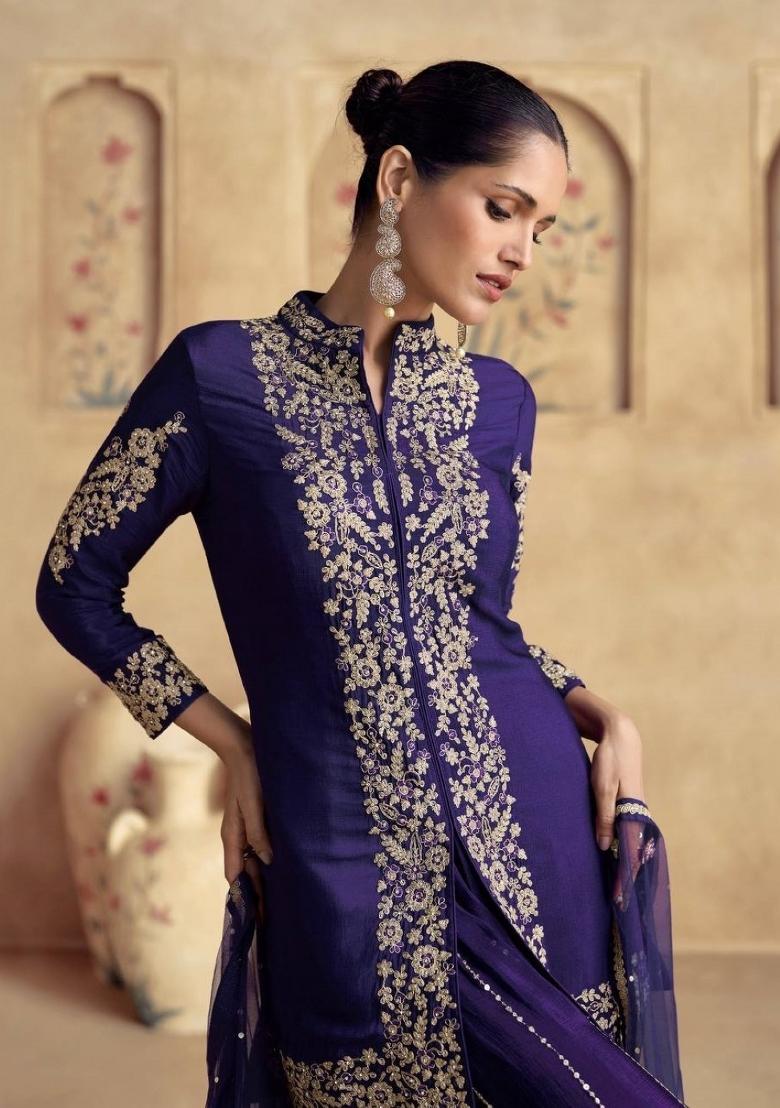 Blue Embroidery Chinon Palazzo Set - Indya