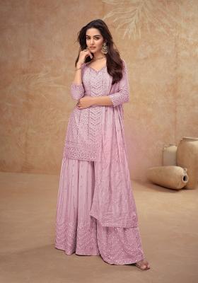 Pink Embroidery Chinon Palazzo Set