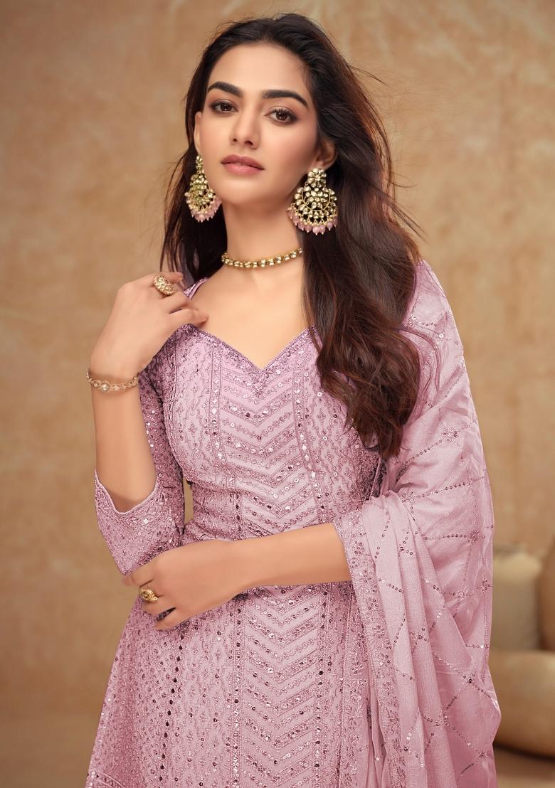 Pink Embroidery Chinon Palazzo Set - Indya