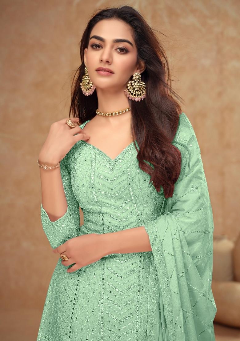 Green Embroidery Chinon Palazzo Set - Indya