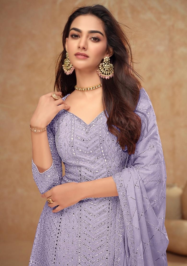 Purple Embroidery Chinon Palazzo Set - Indya